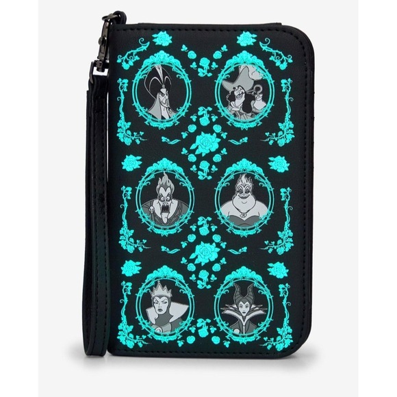 Loungefly Disney Villains Florals Frame Glow-In-The-Dark Tech Wallet Wristlet! - Picture 1 of 5